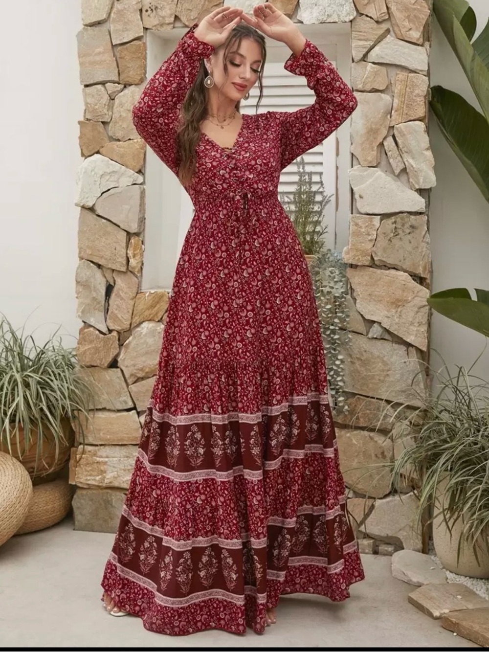 Floral V-Neck Maxi Dress ruffle hem in Burgundy size L